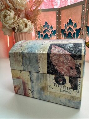 Artist Made Mixed Media Keepsake Box Removable Tray Jewelry Box Folk Art OOAK